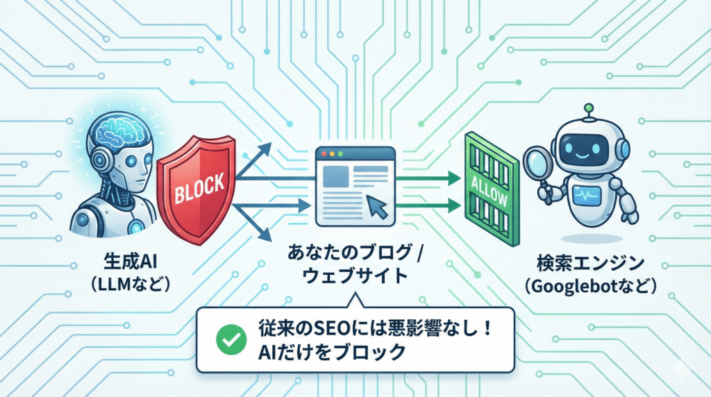 この機能はあくまで「生成AI」を対象としており、Google検索などの順位を決める検索エンジン(Googlebotなど)は遮断しません。つまり、従来のSEO(検索順位)には悪影響を与えずに、AIだけをブロックできます。